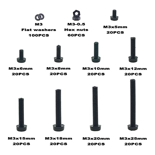 Metric M3 Phillips Pan Head Nylon Screws Nut Washer Assortment Kit,Screws Length:5mm to 25mm(Black) - size: M3