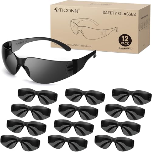 TICONN Clear Safety Glasses for Men & Women, ANSI Z87.1 Safety Goggles - style: 12 Pairs Charcoal