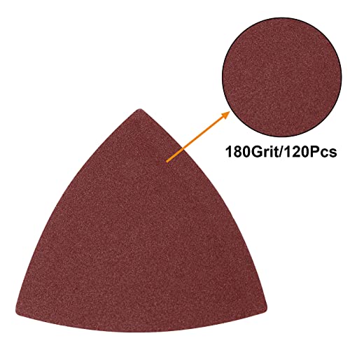 120 Pcs Triangle Sanding Pads, 180 Grits Detail Sander Sandpaper Hook and Loop Sanding Sheet,3-1/8"(80mm) Triangular Sandpaper for 3-1/8" Oscillating Multi Tool, No Holes - size: 180 Grit, style: No Hole