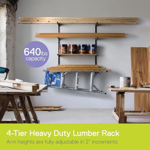Delta Heavy Duty 4-Tier Lumber Storage Rack Cycle, Holds Up to 640 lbs - Wood Storage Rack with Fully Adjustable Arms - Steel Construction Storage Solution for Garage, Basement & Pantry - style: 16" Gray 4-Tier Heavy Duty Rack