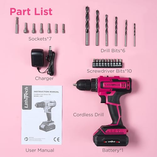 20V Pink Cordless Drill Set, 3/8" Keyless Chuck Electric Drill - color: L901-pink