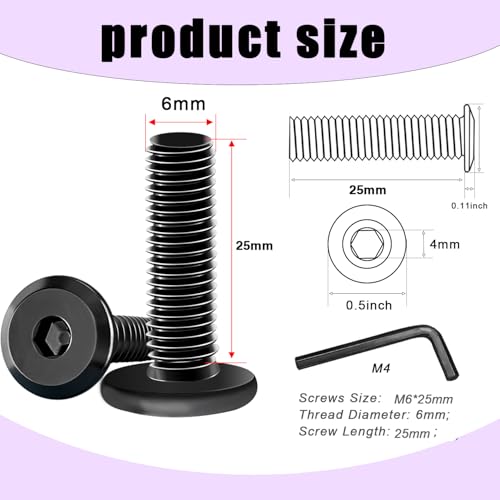 Taiss 20pcs M6 x 25mm Flat Head Socket Head Screw Furniture Bolts,Furniture Screws Stainless Steel 18-8(304),M6 Bolts Black Zinc Plated Fully Threaded,Countersunk Connector M6 Screws with Hex Spanner - size: 20PCS M6x25mm
