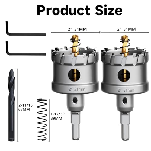 Metal Hole Saw 2''(51mm) 2Pcs Set Heavy Duty Tungsten Carbide Tipped Hole Cutters Set with a nitrided Step Drill and L-flench, for Steel Iron,Aluminum,Stainless stell,Plastic - size: 2''(51mm)-2PCS