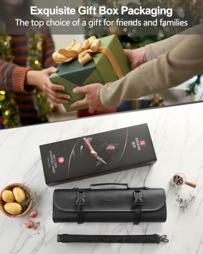 XINZUO 9-Slot Leather Chef Knife Roll Bag with Strap - color: All-black microfiber knife roll