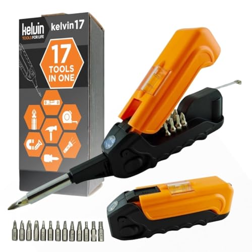 Kelvin Tools - Kelvin 17 Urban Screwdriver Set, All in One Everyday Multitool Screwdriver, Multi-Tip, Compact & Universal Precision, 13 Bit Set with Tape Measure, Liquid Level, Hammer and Flashlight - color: Orange