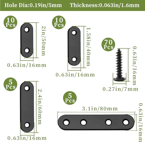 Jiozermi 30 Sets Flat Plate Straight Bracket, 40mm/50mm/60mm/80mm - size: Black，40mm/50mm/60mm/80mm，30Pcs