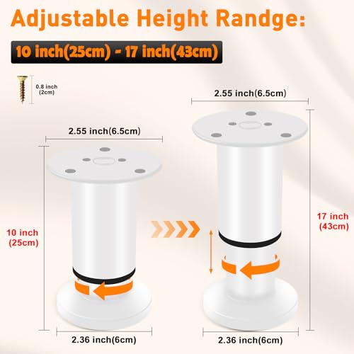 4 Pcs Adjustable Height Furniture Support Legs 10-17 inch [with Screws], Metal Adjustable Bed/Sofa/Cabinet/Couch/Dresser/Table Heavy Bed Replacement Legs (White) - color: White, size: 10-17 inch