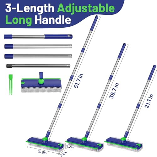 Floor Scrub Brush with Long Handle & Squeegee for Bathroom - color: Blue