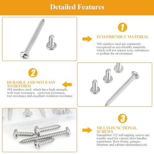 51 Pieces #12 x 3/4" 1" 1-1/4" 1-1/2" 2" Wood Screws Set, Phillips Pan Head #12 Self-Tapping Screws Assortment Kit, 304 Stainless Steel - size: #12, style: Phillips Pan Head