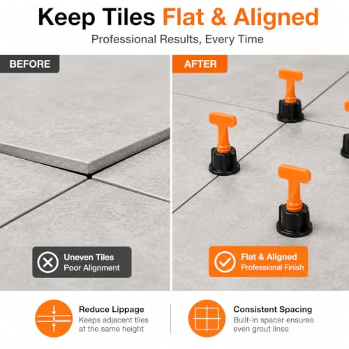 50 Sets Reusable Tile Leveling System Kit with Wrench, 1/16 Inch Tile Spacers and Leveling Clips, Anti Lippage Tile Leveler Tool for Floor Wall Installation, Ceramic Porcelain Tiles
