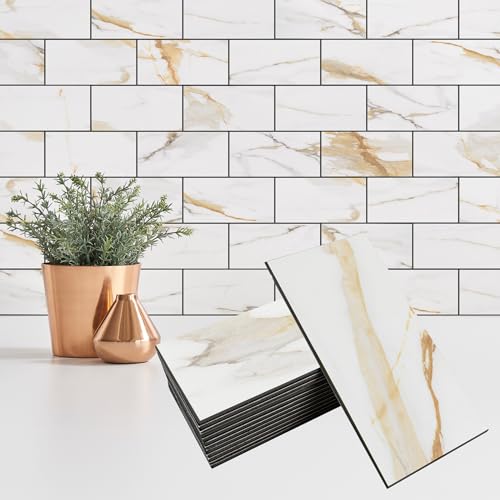 StyloVue 100 Pieces Peel and Stick Backsplash for Kitchen, 3" x 6" PVC Subway Tile Upgraded Calacatta Gold with Dark Gray Grout Backsplash Stick on Tile Elevate Kitchen, Bathroom, Fireplace,RV - color: Calacatta Gold
