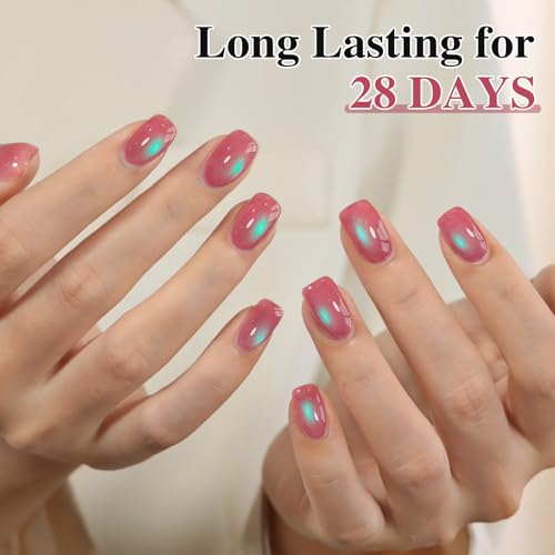 Double Rhythm Jelly Glass Cat Eye Gel Polish with Magnet 15ML Holographic Glitter Shimmer Translucent Sheer Color Magnetic Nail Polish Salon DIY at Home (Pink Teal-MC1267) - color: Aurora Pink Green