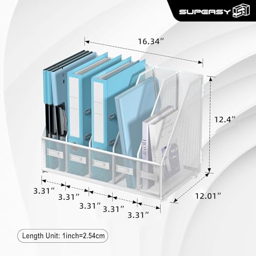 SUPEASY Desk Organizers Metal Desk Magazine File Holder with 5 Vertical Compartments Rack File Organizer for Office Desktop, Classroom, Home Workspace, White Plus - color: White, size: Large