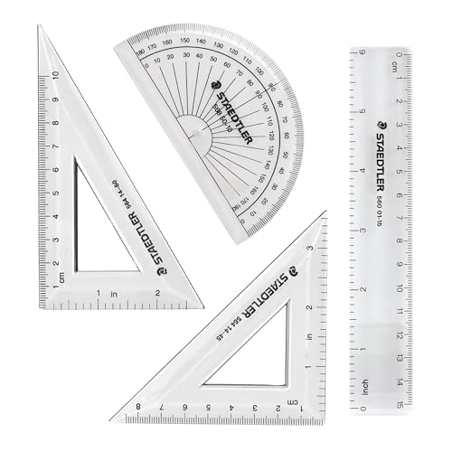 STAEDTLER Math Set - 4 pc Geometry Kit for Students - School Supplies with Clear Protractor, 6in Ruler & 2 Triangles – Metric & Imperial Scales (Pack of 3) - size: 4 Piece Set (Pack of 3)