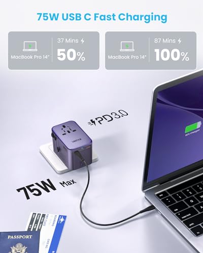 VINTAR GaN Universal Travel Adapter 75W, 6-in-1 with 3USB-C PD & 2USB-A QC - color: 75W Purple