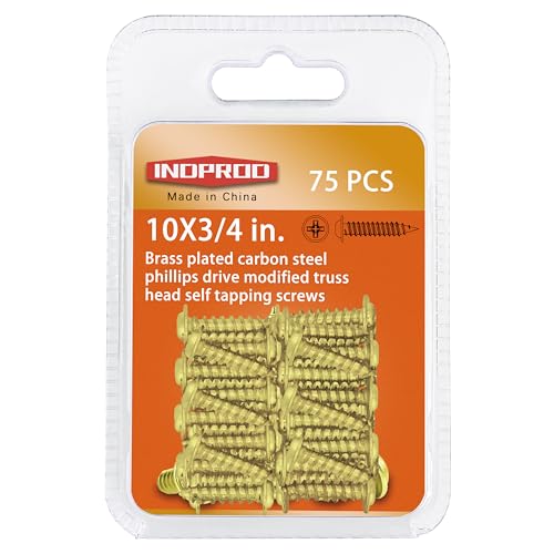 INDOROD #10 x 3/4" Truss Head Phillips Wood Screw (75 Pack), Brass Plated Screws, Self Tapping Wood Screws, Modified Truss Head, Brass Screws for Wood, 10 x 3/4 Inch, Gold - size: #10 x 3/4"