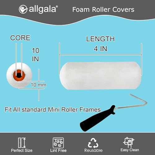 Allgala Foam Paint Roller Kit, 9 Pack 4 inch Mini High Density Foam Paint Roller Covers, Frame, Tray, for Trim Wall Funiture Doors Cabinets, Cupboards - size: 4" Foam (9 PC Set)