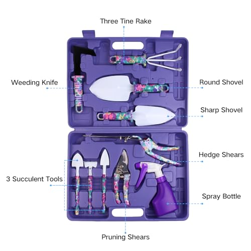 Garden Tools Set, JUMPHIGH 10 Pieces Gardening Tools with Floral Print, Ergonomic Handle Trowel Rake Weeder Pruner Shears Sprayer, Garden Hand Tools with Carrying Case Gardening Gifts for Women Father - color: Purple