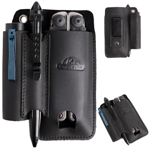 Topstache Leather Multitool Sheath with Belt Clip - Multitool Pouch for Belt - EDC Belt Organizer - Multitool Holster Fits Multitool, Flashlight, Pen - Leather Multitool Holder - Black - color: Black-L (for multitool)
