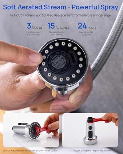J-HVA Pull Down Kitchen Faucet Sprayer Head Replacement Part, Chrome | 3 Function with 15 Connectors Pull Out Sink Sprayer Replacement Nozzle, Kitchen Faucet Head Hose Spray Tap Spout - color: Chrome