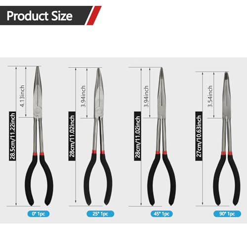 4-Piece 11" Extra Long Nose Pliers Set with Insulated Comfort Grip Handles - size: 4 Pieces - 11" - Straight/25°/45°/90°