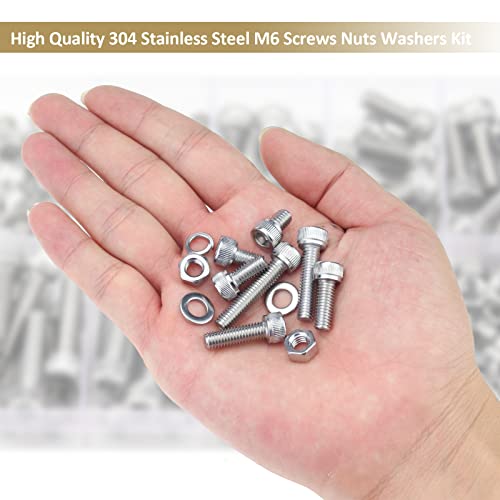 122 Pieces M6 x 10/12 /16/20 /25/30 /35mm Hex Socket Head Cap Screws Nuts Washers Assortment Kit, 304 Stainless Steel, Fully Machine Thread - size: M6, style: Socket Head