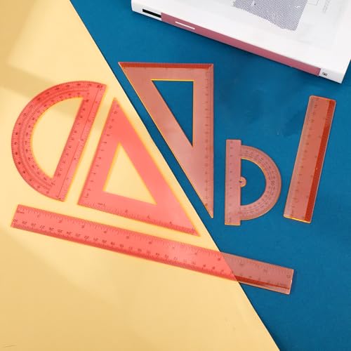 Tenare 6 Pcs Math Geometry Ruler Straight Protractor Triangle, Orange - color: Orange