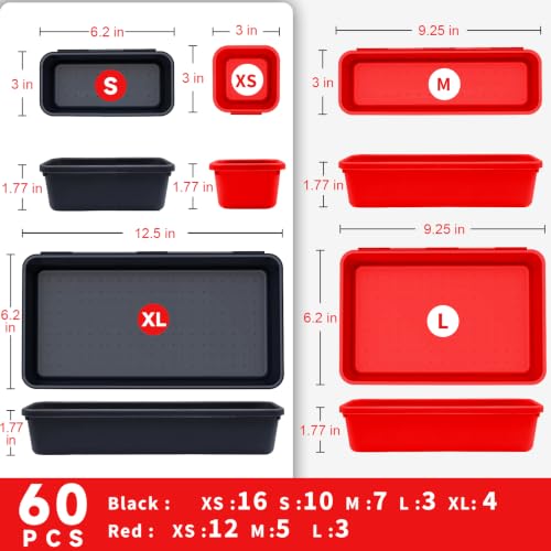 Tool Box Organizer Tray, 60 PCS & 5 Sizes, Black and Red - color: Black & Red: 60 PCS