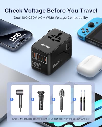 VINTAR Universal Travel Adapter, 140W GaN Fast Charger for EU UK US AU - color: 140W Black