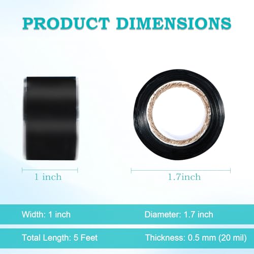 Self Fusing Silicone Tape 1 in x 5' Black Waterproof Rubber Leak Proof Sealing Silicone Rubber Self-amalgamating Tape for Emergency Hot and Cold Water Pipe Repairs and Tool Fixation - size: 1 Roll - 5 ft - Black - 20 mil Thickness