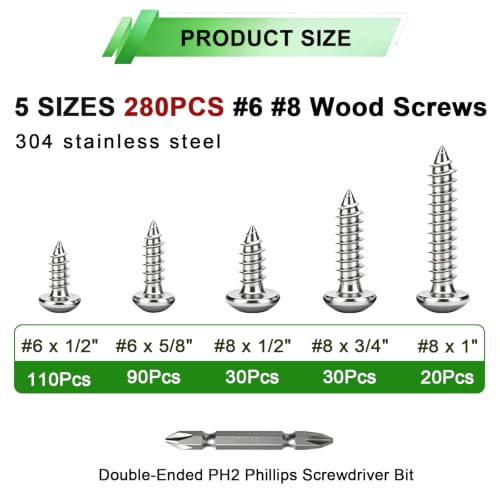 280Pcs Pan Head Wood Screws Assortment Kit,304 Stainless Steel Self Tapping Wood Screws #6/#8 Screw Kit,Round Head Screws Phillips Drive, Sheet Metal Screws - size: 280PCS-SV
