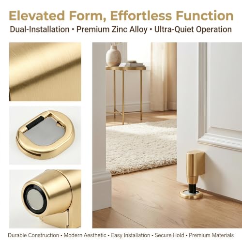 2 Pcs Magnetic Door Stopper for Bottom of Door,Adjustable Door Holder | No Drilling Adhesive Magnetic Door Stop, Keep Door Open, Windproof Door Catch for Home, Pet and Renters, Brushed Gold