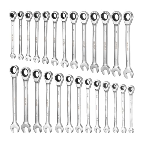 VEVOR Combination Wrench Set, 26-Piece SAE and Metric, 72 Teeth, Cr-V Steel Ratcheting Wrench Set, with Rack Organizer, Open End, Clear Size Labels, for General Household, Automotive Repairs, Silver - size: 26PCS (Metric&SAE), style: Regular