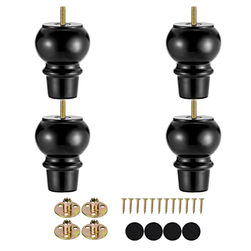 Maricome 4 Inch Wood Legs Set of 4 Pre-drilled M8 Bolt Black Replacement Furniture Leg Bun Feet for Dresser Cabinet Chair - color: 4 Inch Black