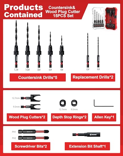 EZARC Countersink Drill Bit Set, 15PCS Tapered Bits with Plug Cutters
