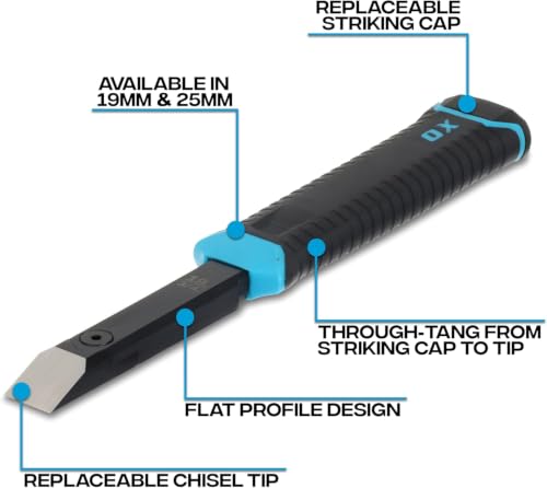OX Pro 1" Replaceable Tip Wood Chisel with Sheath - Full Tang, Extra Tips | Holster Mounts to Tool Belt & Molle Systems, Reinforced Striking Cap Resists Bending, Slim Ergonomic Grip, Precise Control