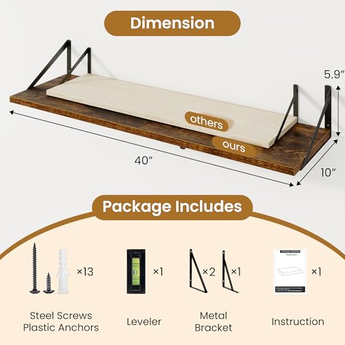 Floating Shelves for Wall,40" Wall Mounted Shelves Set of 2,Long Wood Floating Shelves,Hanging Wide Display & Storage Shelf with Metal Brackets for Bathroom,Bedroom,Kitchen,Living Room,Rustic Brown - color: Rustic Brown, size: 40"Wx10"D-2pcs