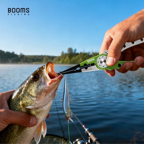 Booms Fishing X1 Aluminum Fishing Pliers Saltwater, Surf Fishing Tackle Kit, Fishing Multitool Hook Remover Braided Fishing Line Cutting and Split Ring with Coiled Lanyard and Sheath - color: Green&silver