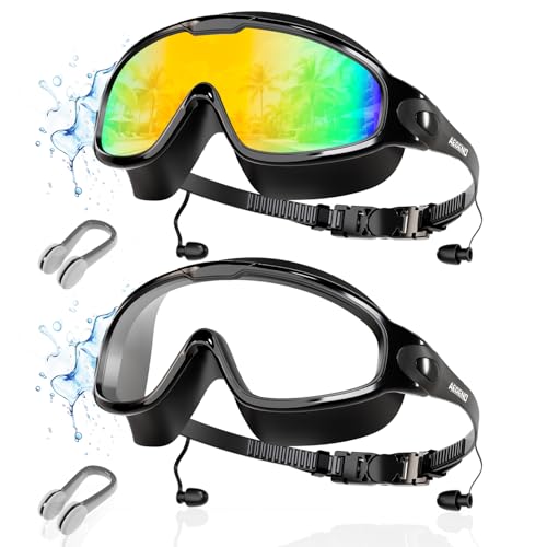 Aegend New Adult Wide View Swim Goggles, Anti-Fog/UV No Leak Swimming Goggles with Ear Plugs for Men & Women - color: Clear Black & Aqua
