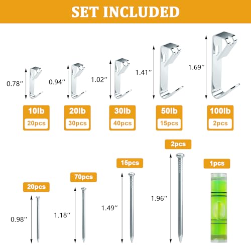 KURUI 214Pcs Picture Hanging Hooks, Renter Friendly Picture Hanging Kit with Heavy Duty Picture Hangers and Hardware Nails, for Frame, Painting, Art and Photo, on Drywall,Plaster, and Wood Wall - color: Silver
