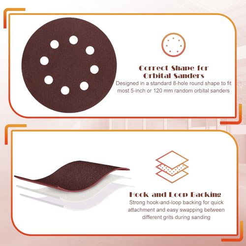Sanding Discs Set, Jamiikury 5 Inch Orbital Sander Sandpaper Hook and Loop Sanding Pads Round Sand Paper - 60/120/240/400/600/800/1000/1200/1500/2000 Grit, Pack of 100