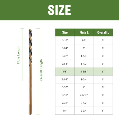 1/8" x 6" Extra Long Drill Bit (6 Pack), Aircraft Extension Drill Bits M2 High Speed Steel for Wood, Soft Metal, Plastic - size: 1/8 in
