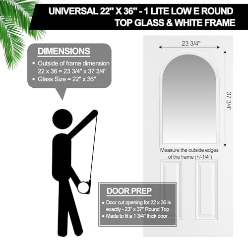 22 x 36 Entry Door Glass Insert with Low-e Glass, 1 Lite Round Top - size: 22 x 36, style: 1 Lite Round Top