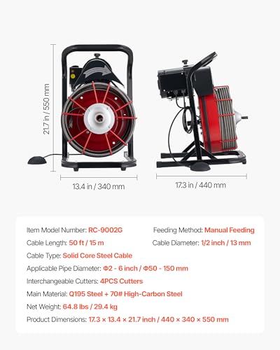 VEVOR 50FT x 1/2 Inch Drain Cleaning Machine, 250W Electric Drain Auger, Portable Sewer Snake Auger Cleaner with Cutters & Air-Activated Foot Switch for 1" to 4" Pipes, Black, Red - style: 50 FT x 1/2''
