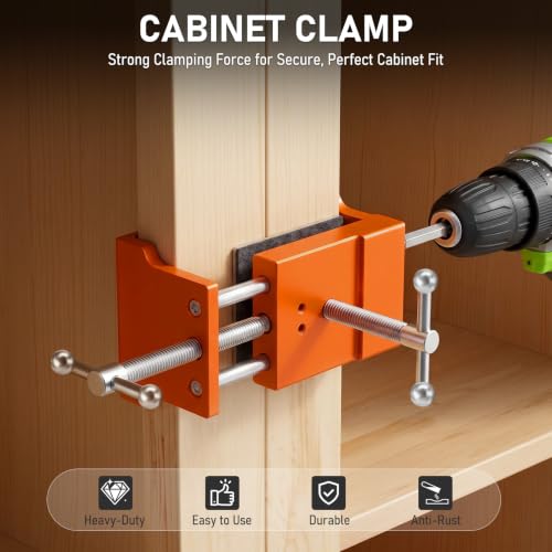 4 Pack Orange Cabinet Clamp, Heavy Duty Aluminum & Steel Cabinet Hardware Jig, Cabinet Install Clamping Tool with Drill Guides EVA Pads for Perfect Cabinet Frame Alignment Woodworking Installation