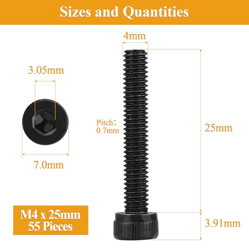 55 Pieces M4 x 25mm Socket Head Cap Screws, Thread Pitch 0.7mm, Sutemribor M4 Black Screws, 12.9 Grade Alloy Steel, Black Oxide Finish, Fully Threaded - size: M4 x 25mm, style: Socket Head