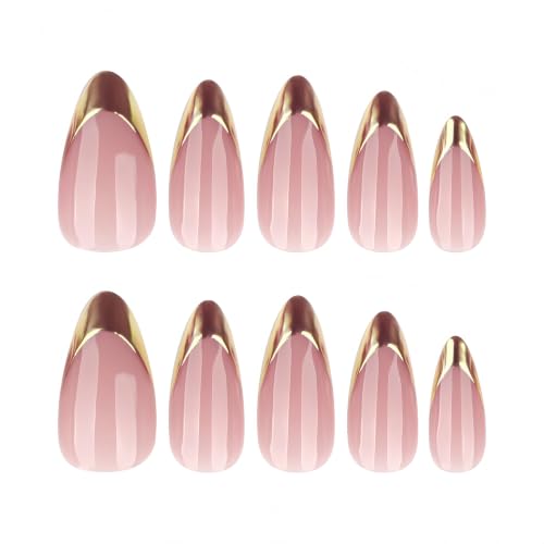 French Almond Press On Nalis Medium, Nude Fake Nails with Elegant Gold-Edged French Tip Design, Glossy Gel Finish Acrylic Nails, Reusable Glue On Nails for Women, Natural Stick On Nails Kit - color: 73-Gilded French