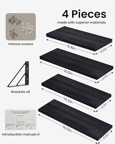 BAYKA Wall Mounted Floating Bathroom Shelves, Wood(Black, Set of 4, 16in) - color: A. Black Board & Black Brackets, size: 16-inch Mixed