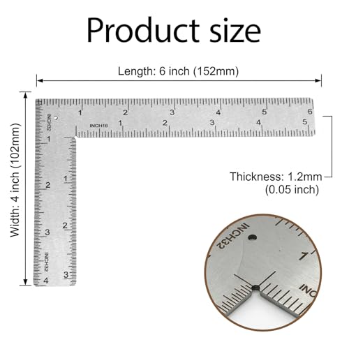 Stainless Steel L Shaped Square Ruler,4 Inch by 6 Inch Precision Framing Square,90 Degree Right Angle Ruler Measuring Tool for Carpenter,Engineer,Woodworker