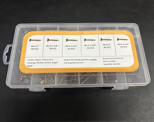 AKW Drywall Screws Assortment Kit #6 Wood Screws, 335pcs Carbon Steel, Yellow Zinc Coating, Phillips Driver, Bugle Head 6 Sizes 1",1-1/4" 1-1/8", 1-5/8", 2", 2-1/4"